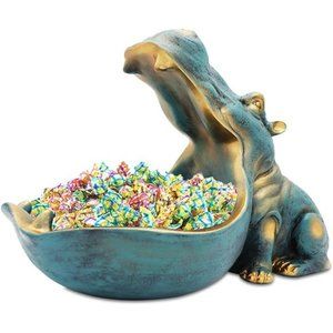 Hippo Statue Home Resin Hippopotamus Figurine Fun Candy Dish,Key Bowl,Big Mouth